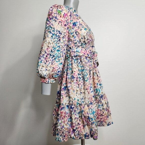 SHOL Los Angeles Abstract Print 3/4 Sleeve Tiered Mini Dress Size 4 BNWT - Picture 5 of 16